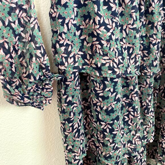 Dip Tiered Midi Dress Size M Green & Blue Floral Tasseled Long Sheer Sleeves - Picture 5 of 9